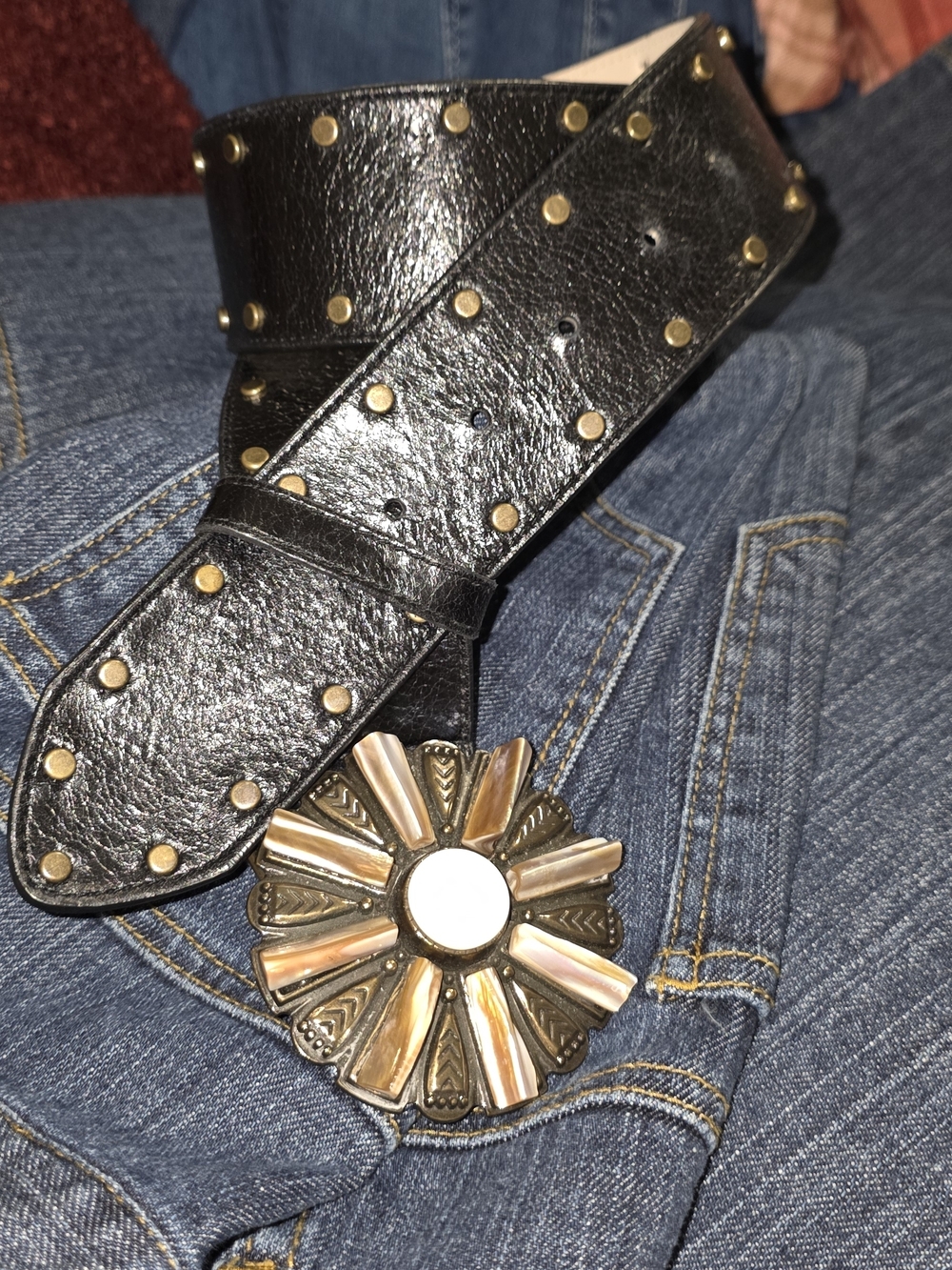 M Italian Studded Leather Belt with Decorative Shell & Concho Buckle